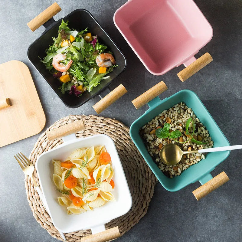 Porcelain serving bowl with lid in irregular shape, available in four colour options