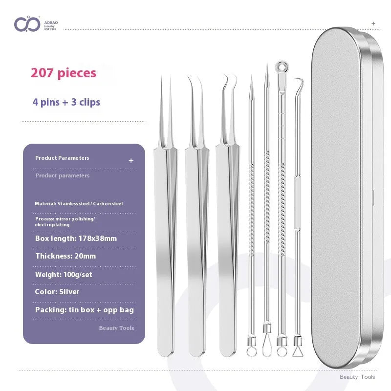 Four silver metal acne needles with ultra-fine pointed tips for skincare extraction.
