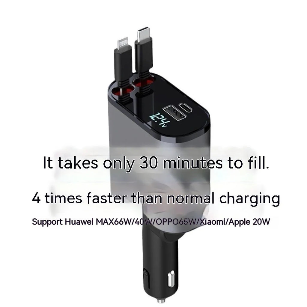 Automatic retractable 120W universal car charger with Type-C connectors for Apple and Huawei devices