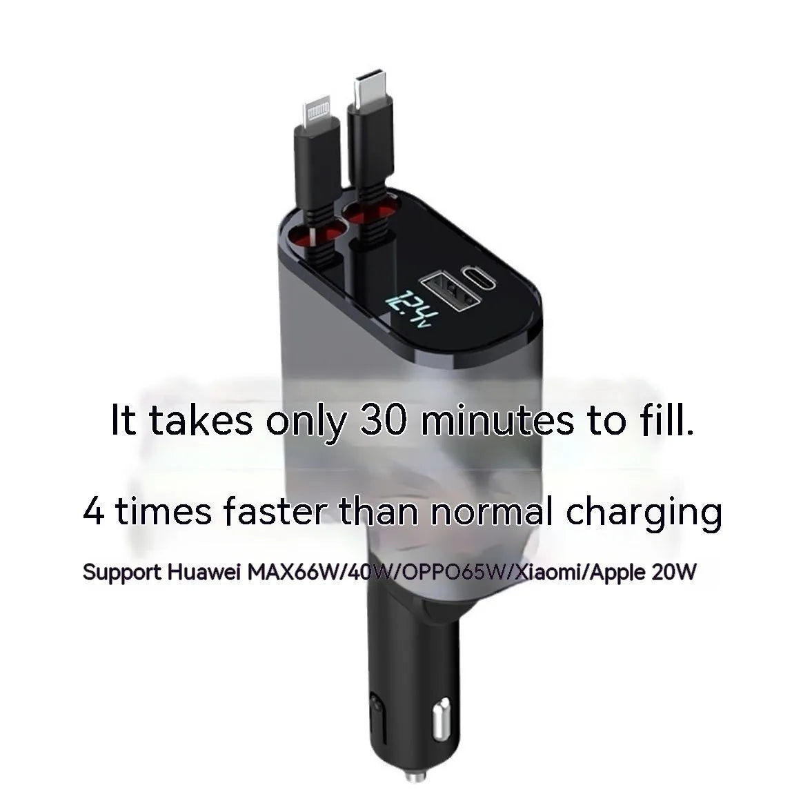 Automatic retractable 120W universal car charger with Type-C connectors for Apple and Huawei devices