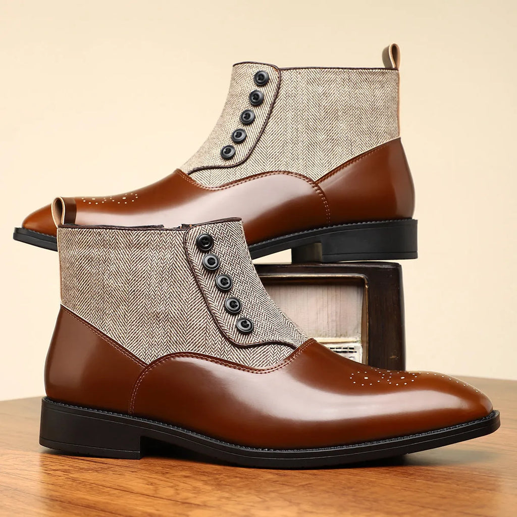 Men's brown retro business shoe with side zipper and square toe on a white background.