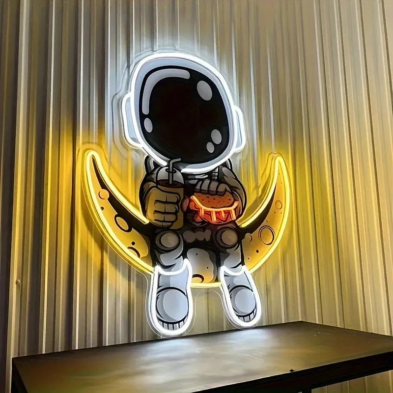 Astronaut wall mounted neon light in blue lemon yellow with USB cable, 30x35cm plastic shell for indoor decoration