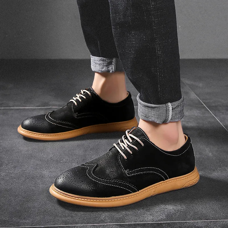 Men's grey business leather shoes with lace-up design and non-slip rubber soles