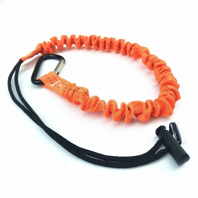 Orange fishing rod safety rope with 90cm length shown next to fishing rod