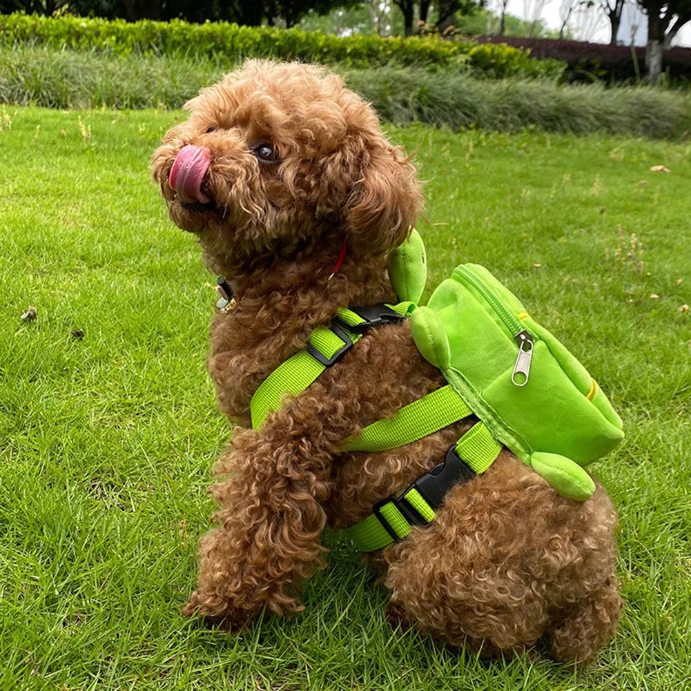 Turtle-shaped dog backpack harness vest in velvet with metal zipper, dimensions 20 x 18cm