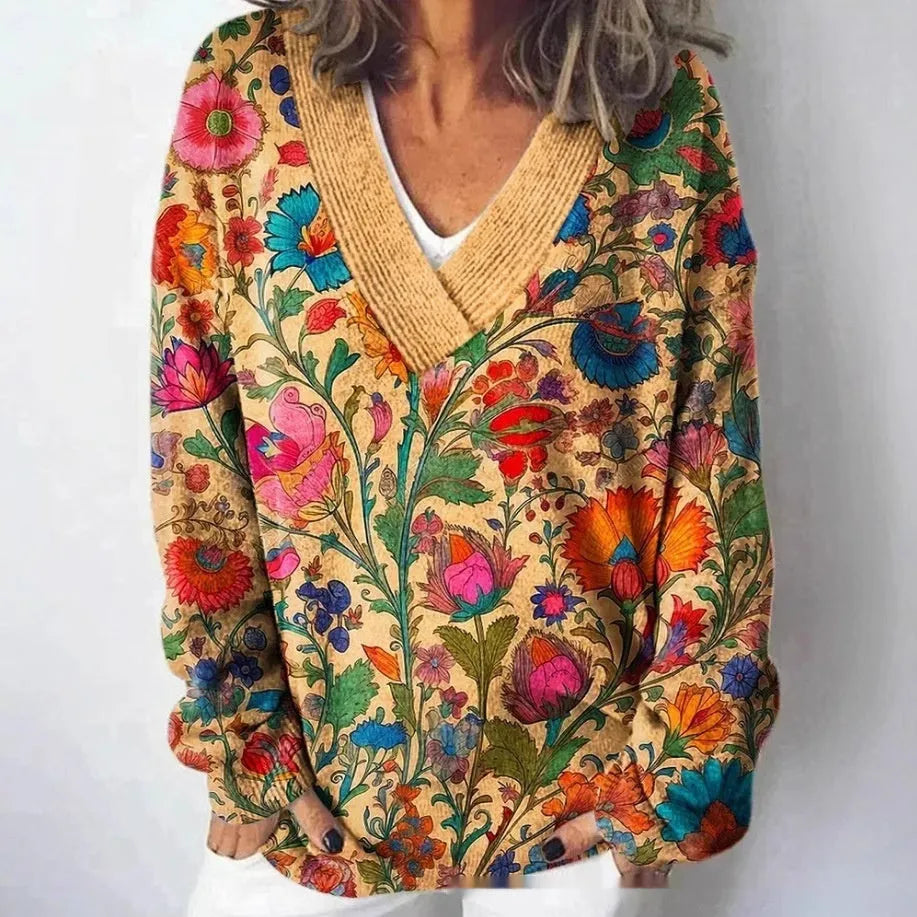 Women's grey 3D floral print sweatshirt with V-neck and long sleeves on a hanger