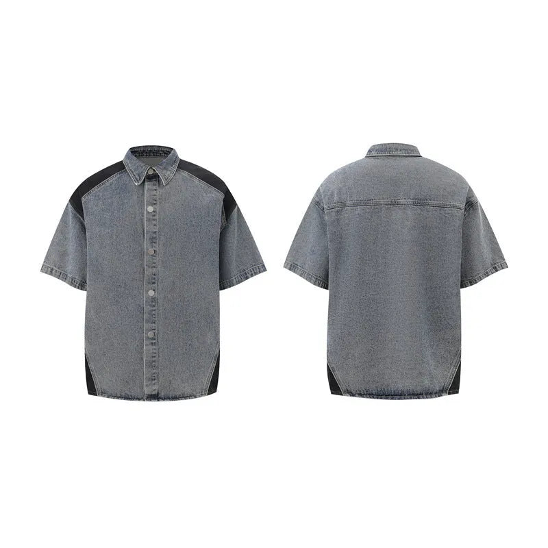 Retro washed blue denim short sleeve jacket and matching trousers co-ordinated suit set.