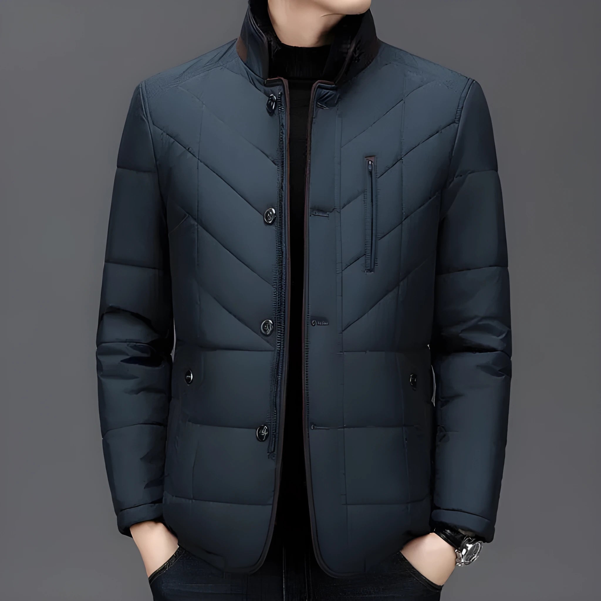 Men's solid-colour short winter coat with side pocket in dark blue, shown on a size chart.