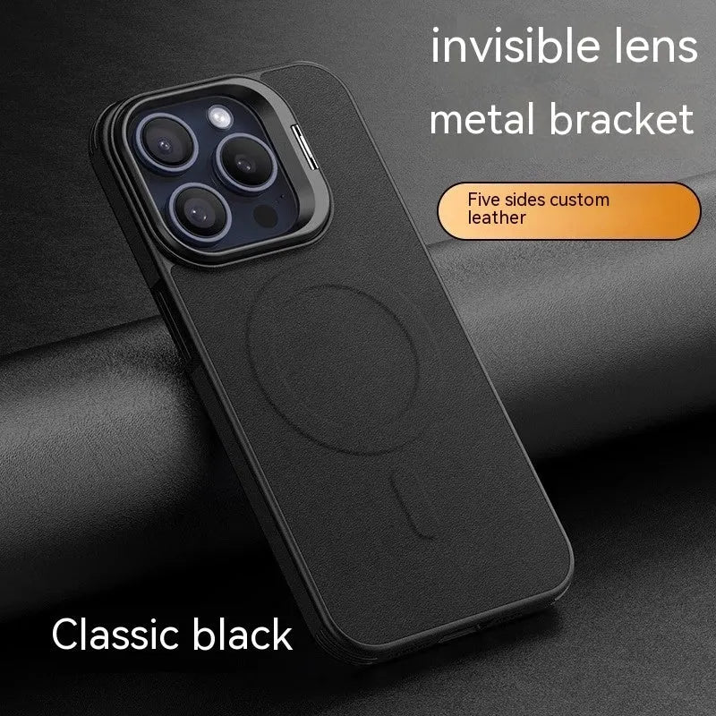 Leather invisible bracket magnetic phone case for iPhone 15, satin black, all-inclusive drop-resistant design