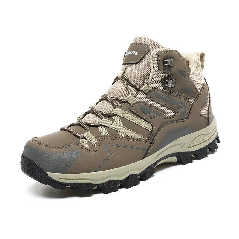 A pair of low-top hiking sneakers with a flannel upper and rubber sole, shown on a rocky mountain path.