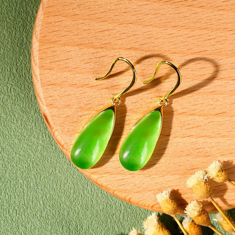 Geometric Chinese style copper earrings with electroplated CP798 jade colour and water droplet design elements