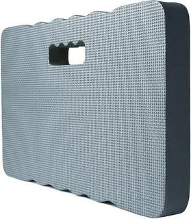 Blue EVA foam garden kneeler pad on grass, showing dimensions for outdoor kneeling.