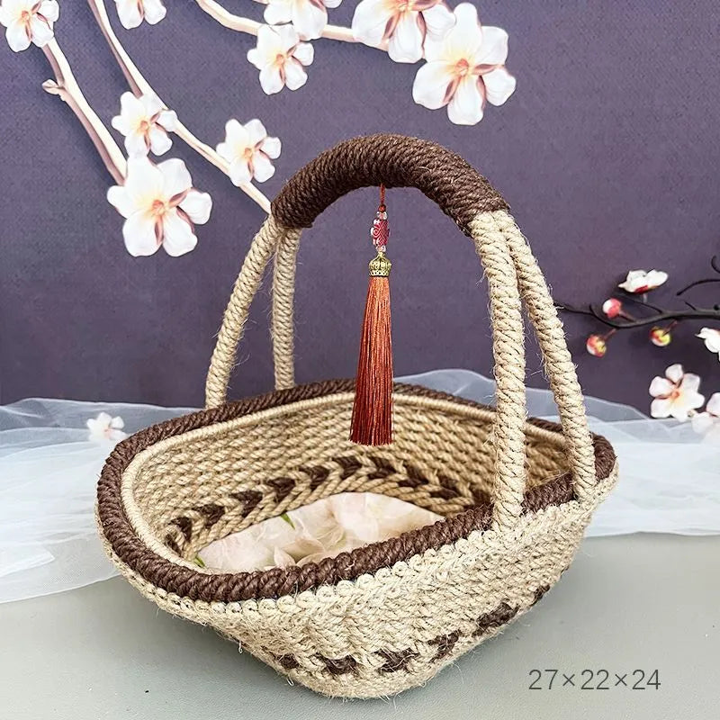 Hand-woven hemp rope basket in natural straw measuring 19cm by 12cm in coffee brown colour