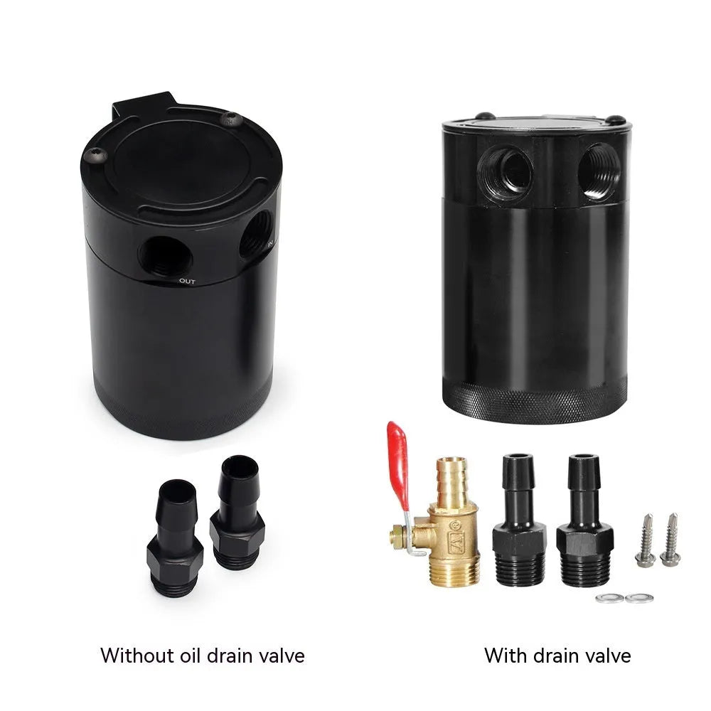 Black aluminium automotive oil pot with two-hole breather design and connectors