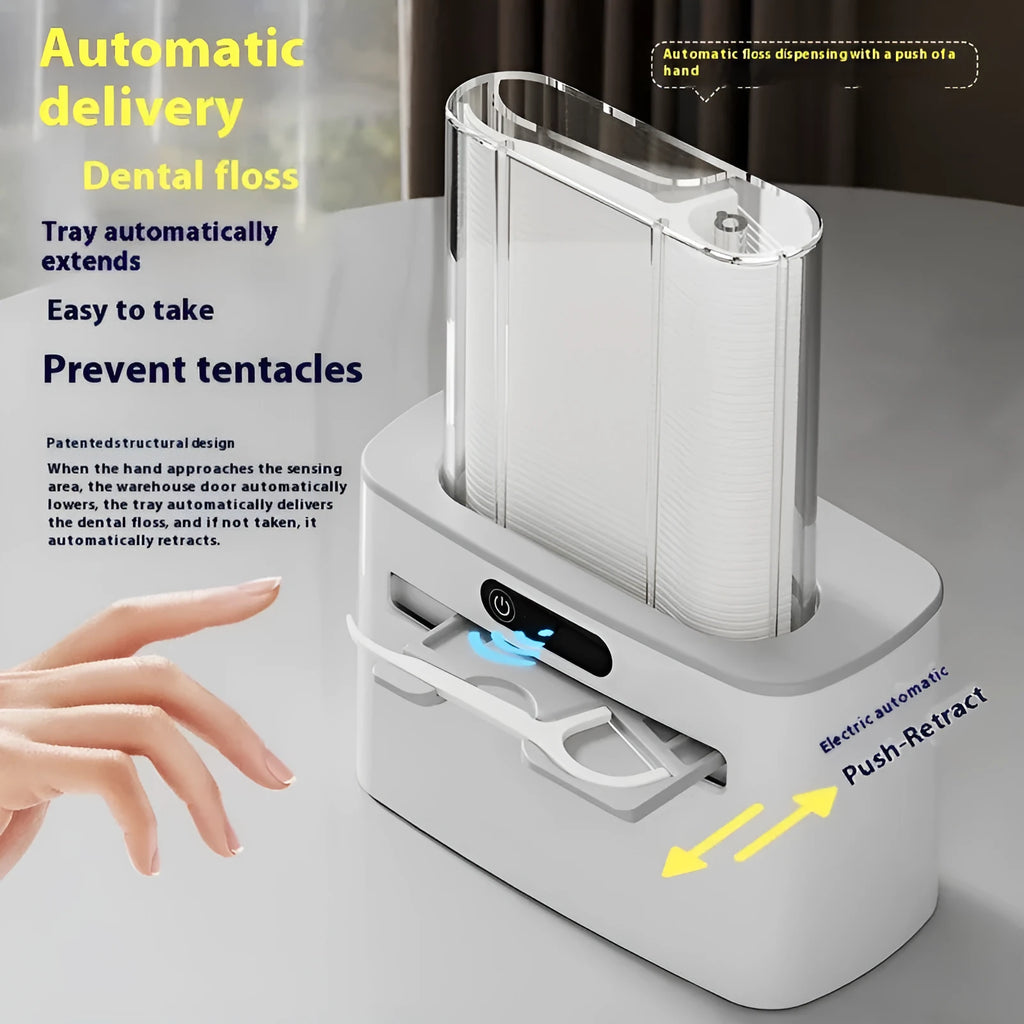 Dark grey automatic electric dental floss box with intelligent induction sensor on a bathroom countertop.