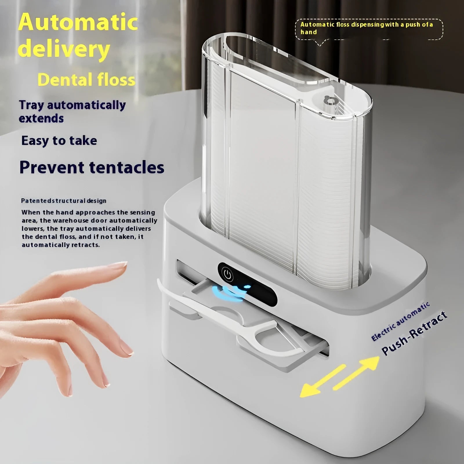 Dark grey automatic electric dental floss box with intelligent induction sensor on a bathroom countertop.