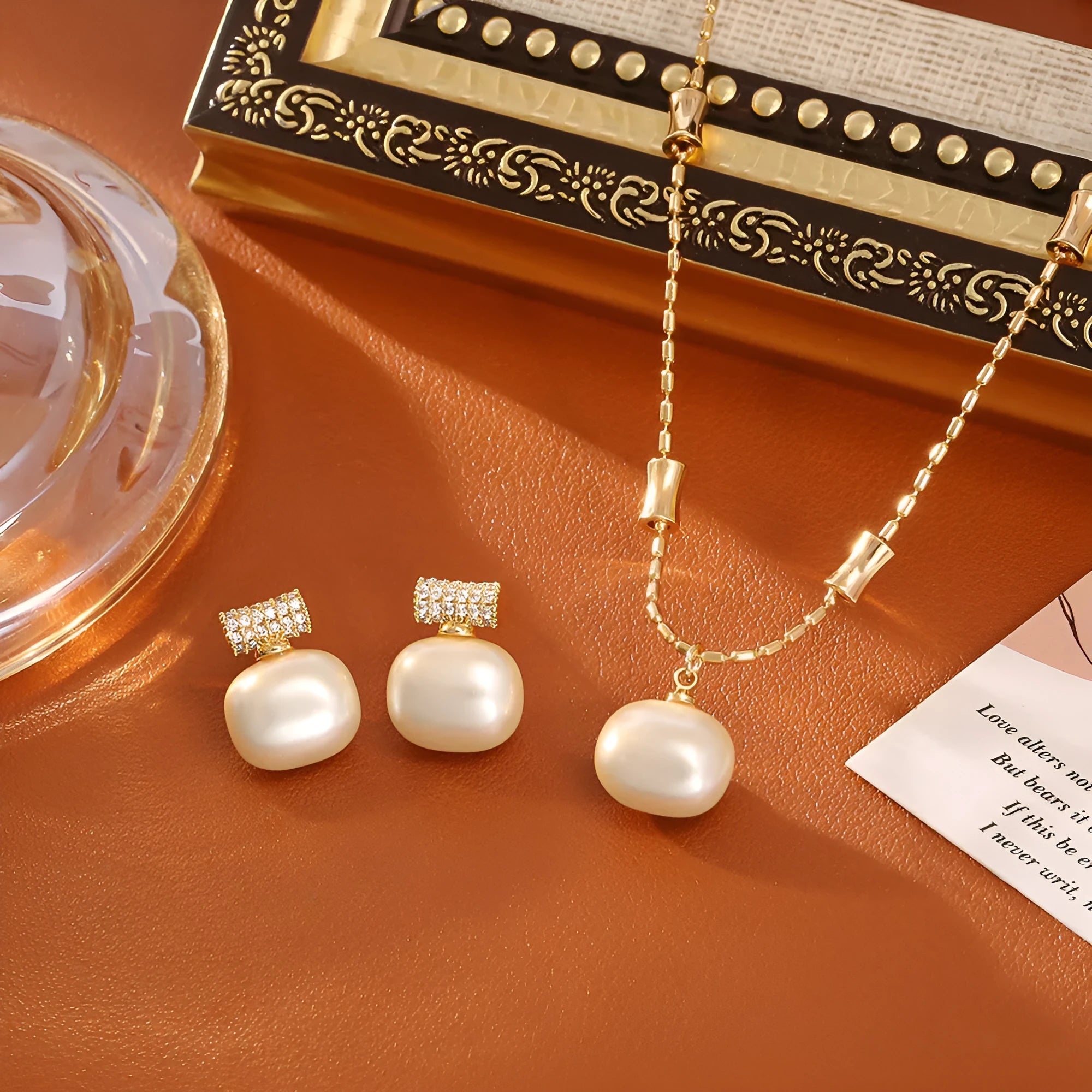 Cubic sugar pearl necklace and stud earrings set with real gold plating on copper, adjustable 41-50cm chain