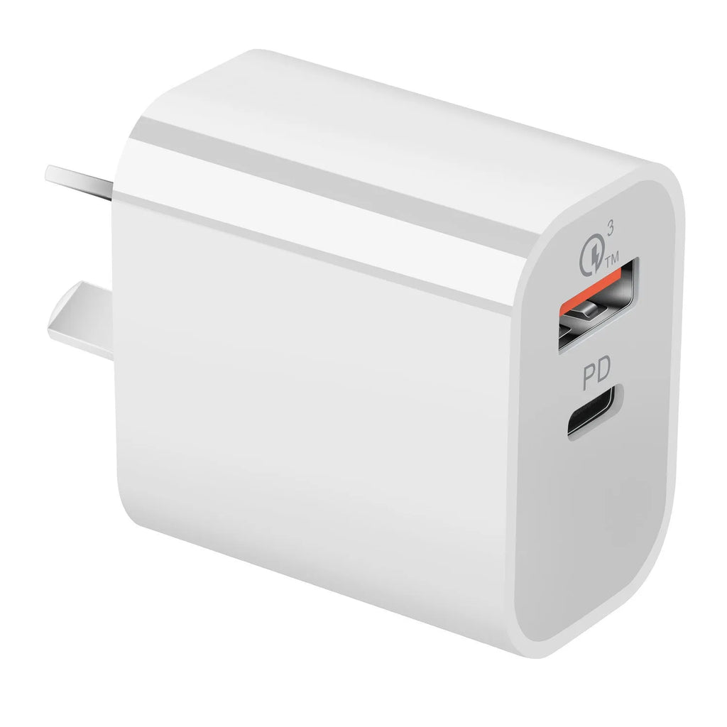 White dual port Australian standard wall charger with USB-A and USB-C ports, 63x40x22mm