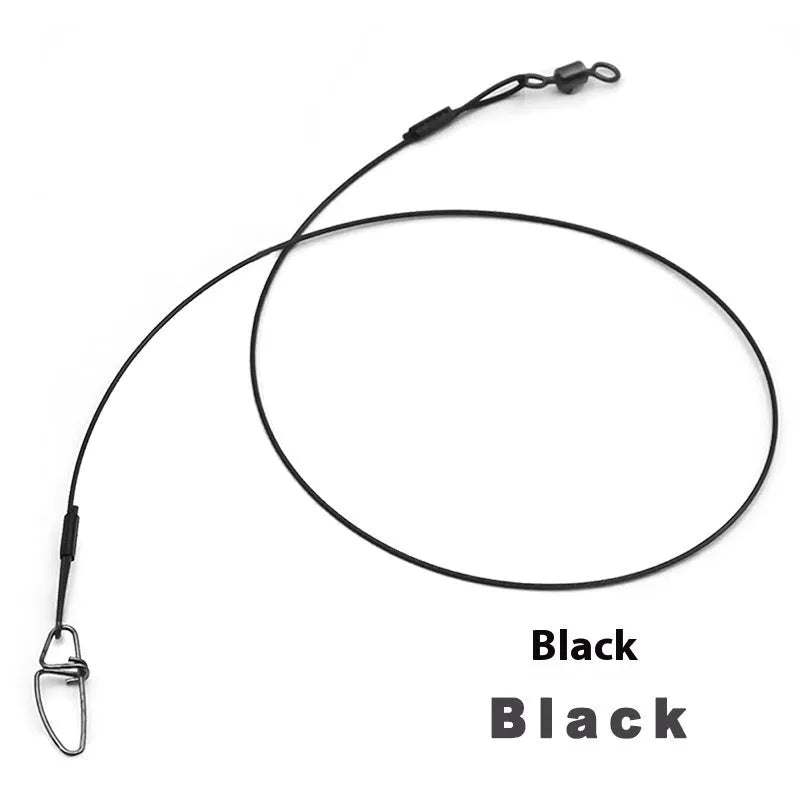 Set of 10 anti-bite steel wire fishing accessories with double buckle pins in black, green, and red colours