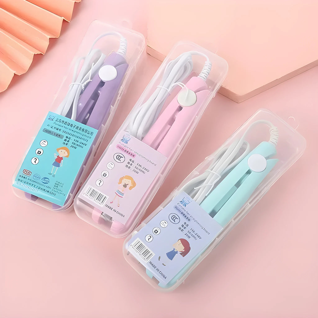 Mini hairdressing splint hair straightener for air bangs in blue, pink, white, purple, or yellow with storage box.