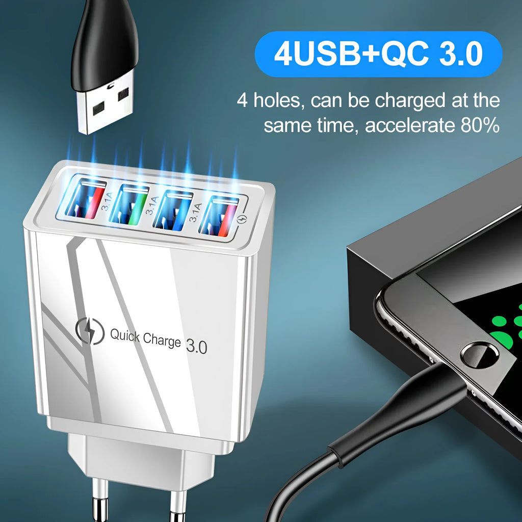 Multi-port 3.1A USB charging head with four ports and interchangeable UK EU US plugs in black colour