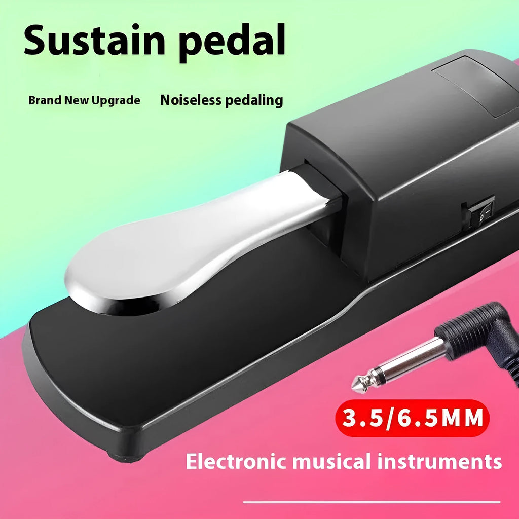 A single universal sustain pedal for electronic keyboards made from black ABS plastic with a rubber anti-slip base.