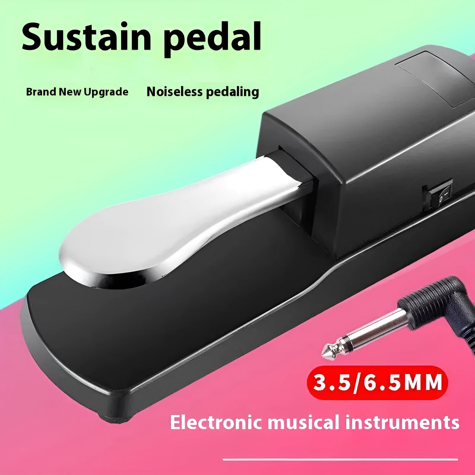 A single universal sustain pedal for electronic keyboards made from black ABS plastic with a rubber anti-slip base.