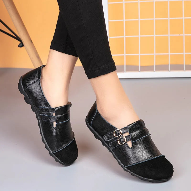 Women's plus size casual Velcro flats with button detail and round toe in leather