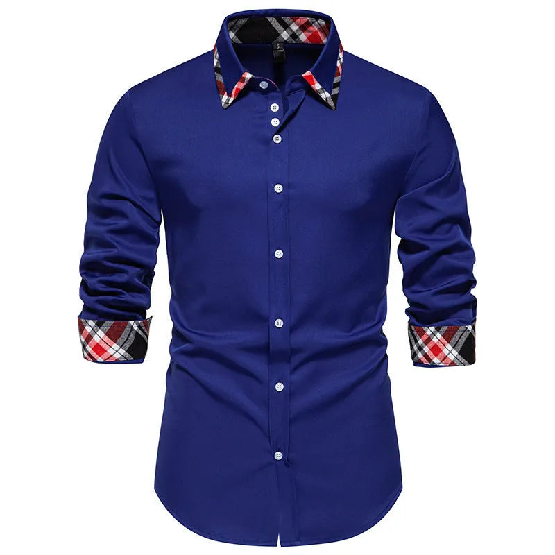 Men's plaid long sleeve shirt with triangle collar in blue, black or white colour options