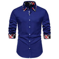 Men's plaid long sleeve shirt with triangle collar in blue, black or white colour options
