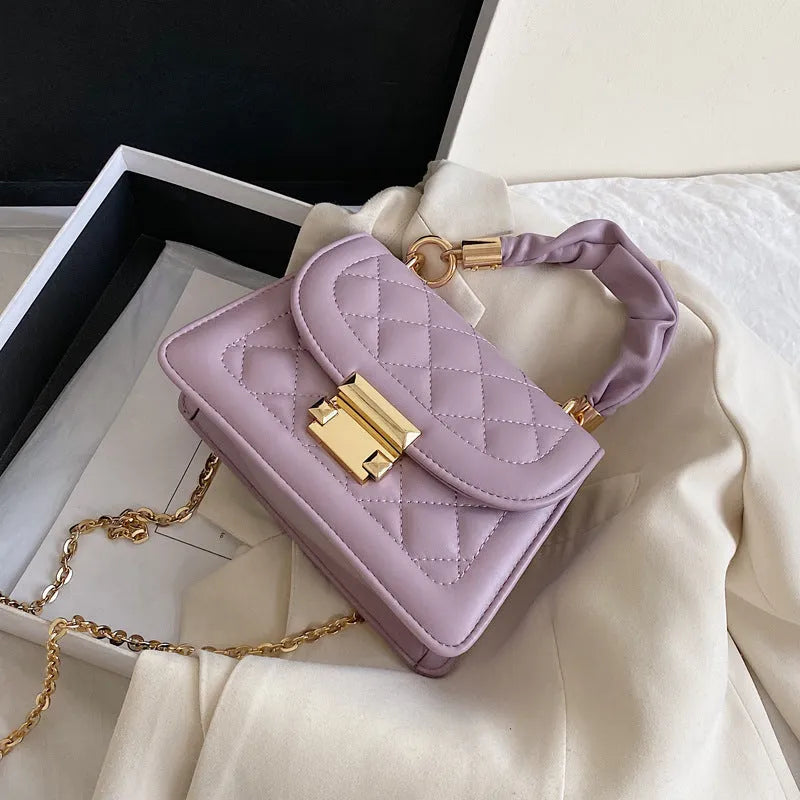 Rhombus shaped women's shoulder bag in soft PU fabric with 112cm strap in purple, black or beige