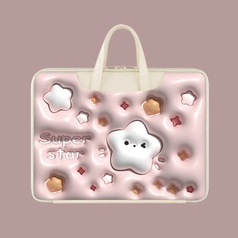 Inflatable PU leather laptop bag in a character design, shown hanging from a suitcase handle.