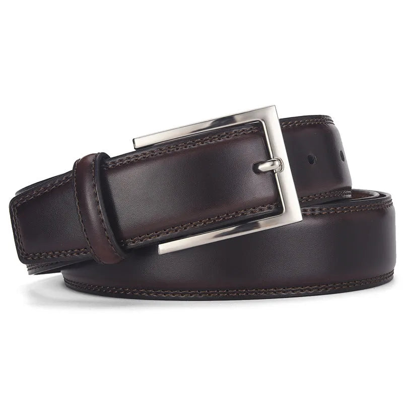 Men's black leather belt with silver alloy pin buckle showing length measurement