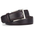 Men's black leather belt with silver alloy pin buckle showing length measurement