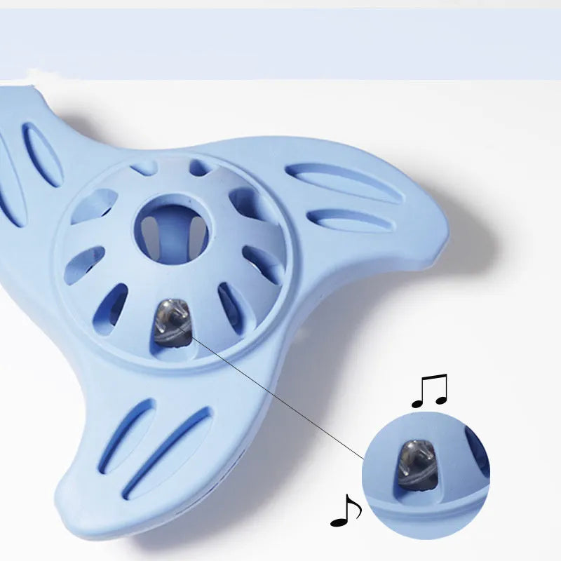 Blue boomerang-shaped dog toy with raised molar-style edges for medium and large breed chewing play