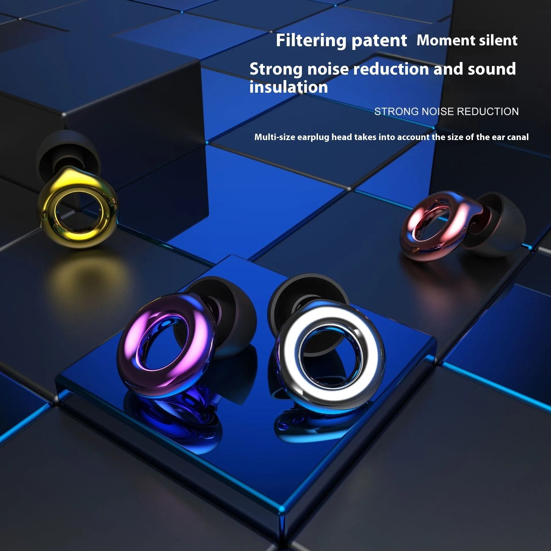 Noise reduction earplugs in five colours: gold, silver, transparent, purple, rose gold with storage case