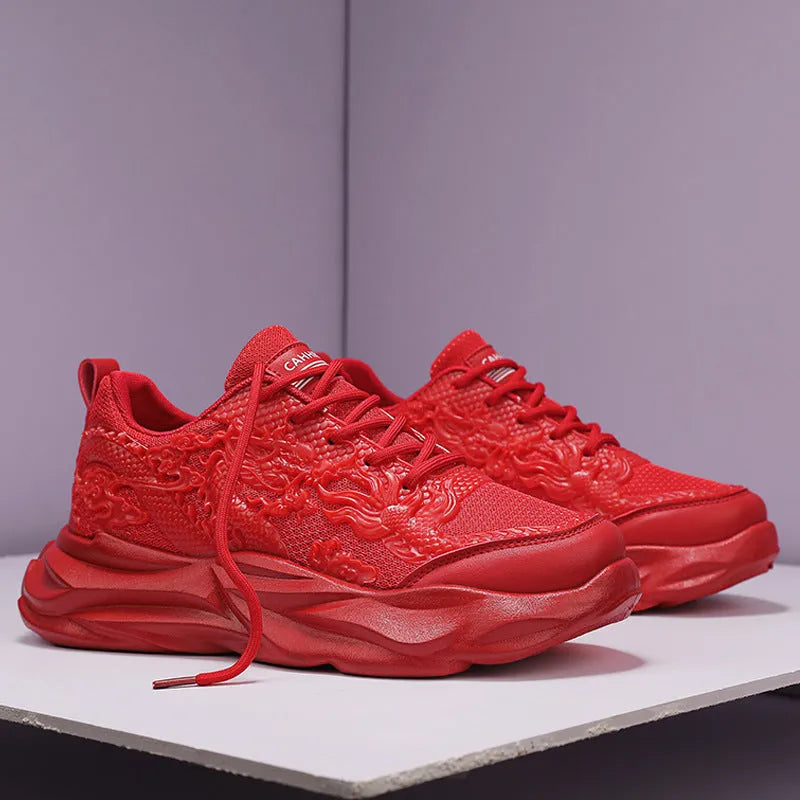 Loong dragon pattern casual sneakers with fly knit upper and rubber sole