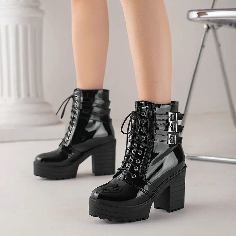 Women's black PU leather lace-up ankle boots with a thick 6-8cm heel and round toe on a white background