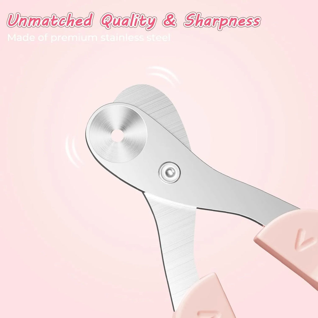 Blue pet nail clipper with a round positioning hole and non-slip handle on a white background.