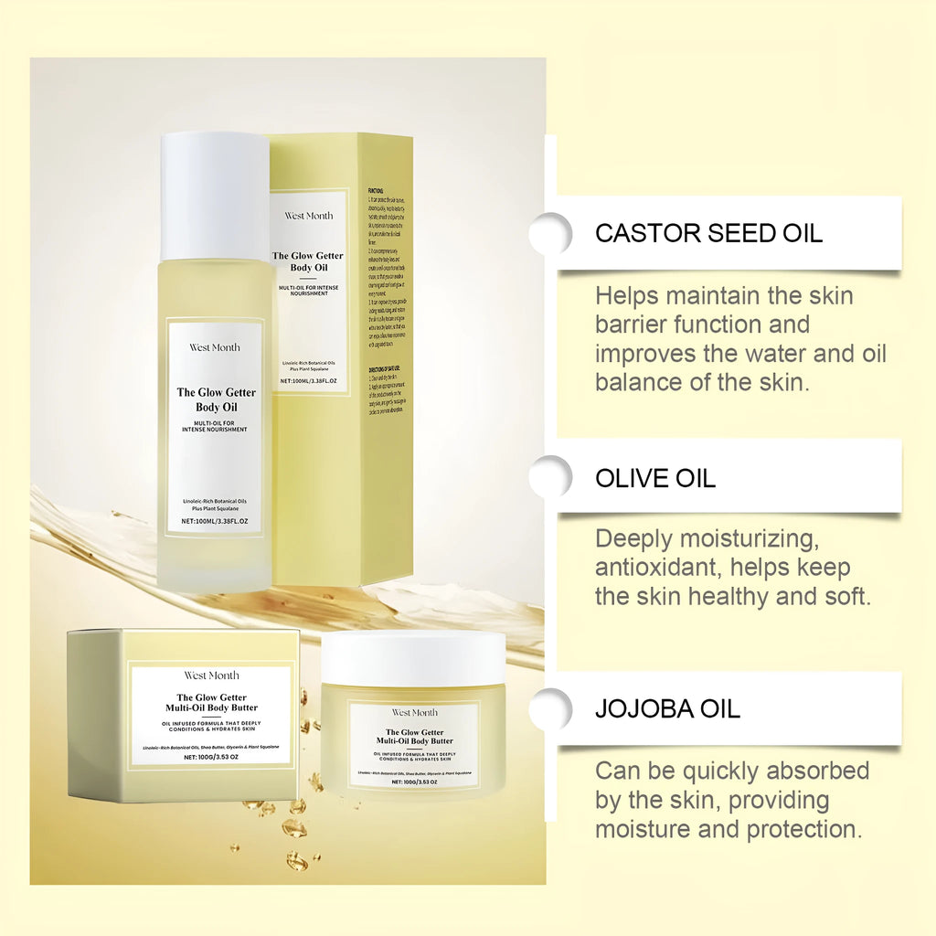 Body care kit with skincare oil and moisturising cream for nourishing and firming treatment