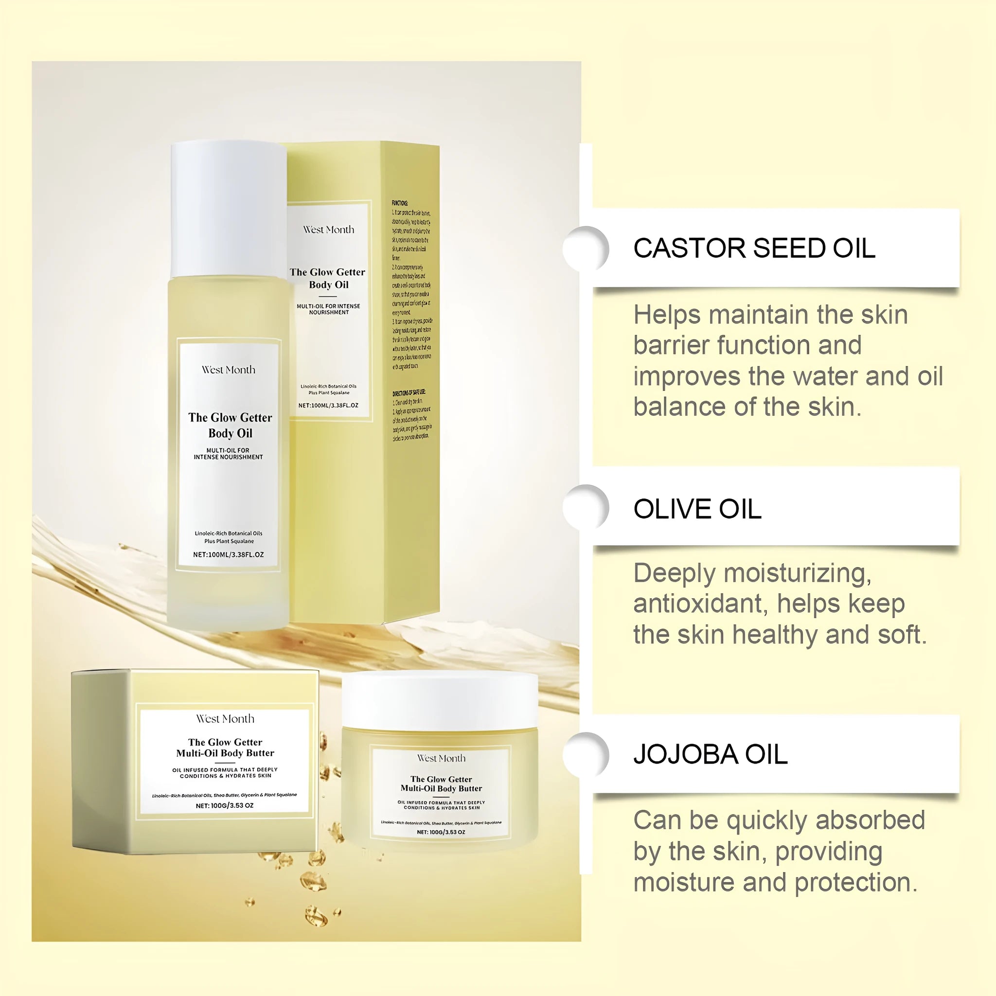 Body care kit with skincare oil and moisturising cream for nourishing and firming treatment