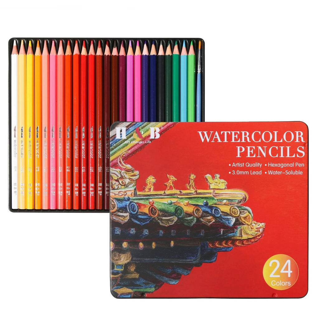 24 water-soluble coloured pencils in metal tin box measuring 21cm by 18cm