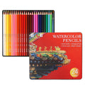 24 water-soluble coloured pencils in metal tin box measuring 21cm by 18cm