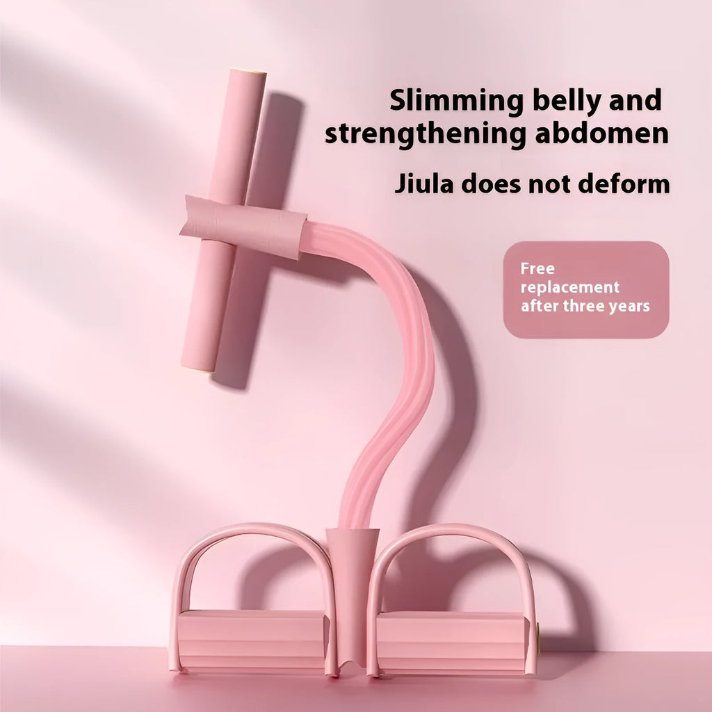 Portable waist slimming belt connected to two foot pedals and a hand puller with elastic ropes for home fitness toning.
