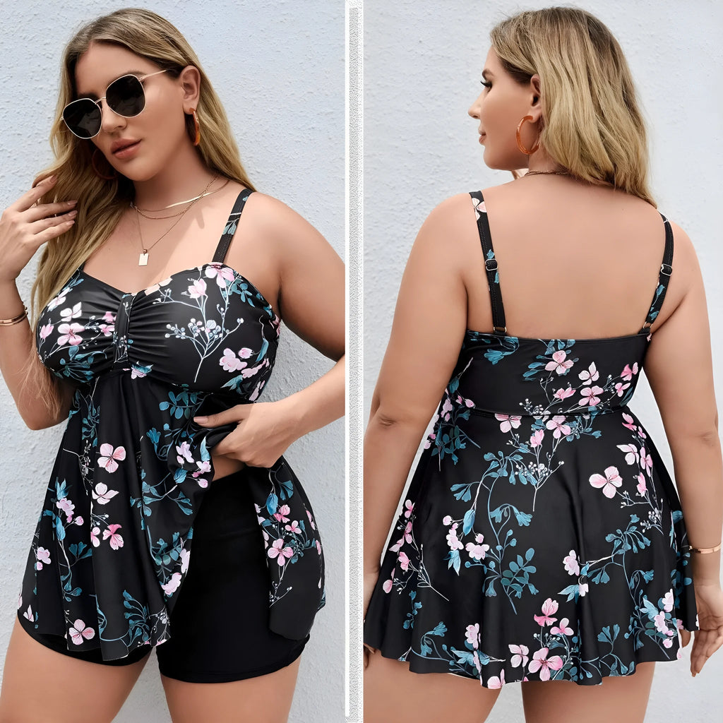 Women's floral print one-piece swimsuit in split colours with extended sizing options