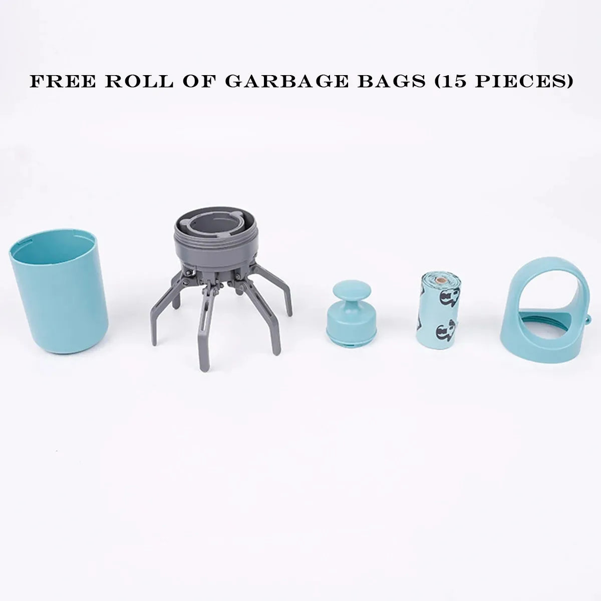 Blue ABS plastic pet pooper scooper with claw mechanism and included garbage bag roll