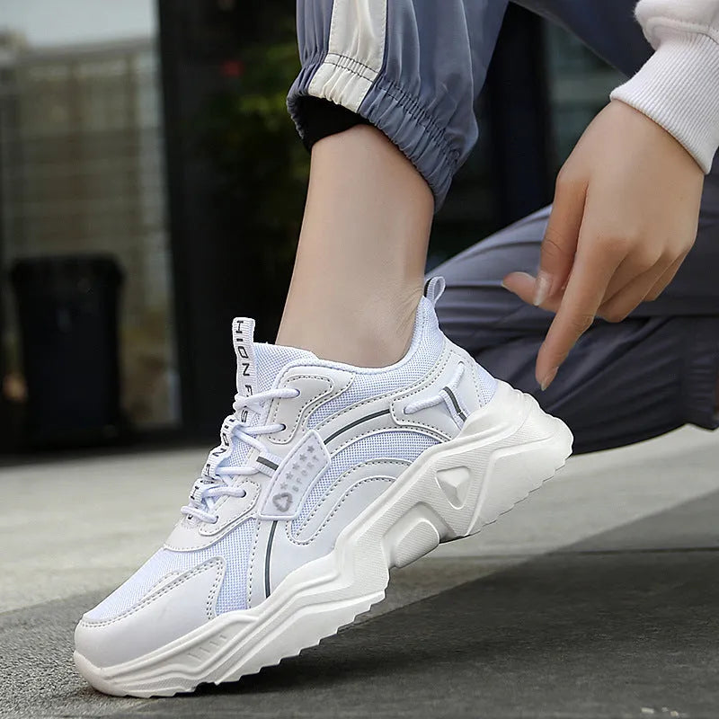 Women's white and moonlight thick-soled casual sports shoes with mesh uppers and round toe