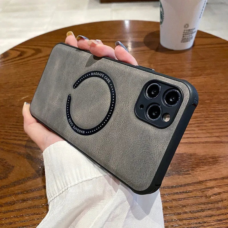 Business magnetic charging iPhone case in black imitation leather showing magnetic charging compatibility