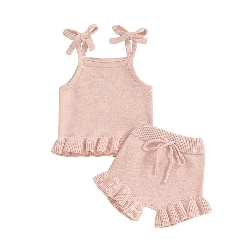 Baby girl knitted corduroy shorts clothing suit in khaki with top and pants set for casual wear