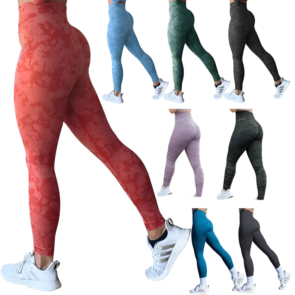 Women's high-waisted push up booty leggings in a camouflage print for fitness and yoga.